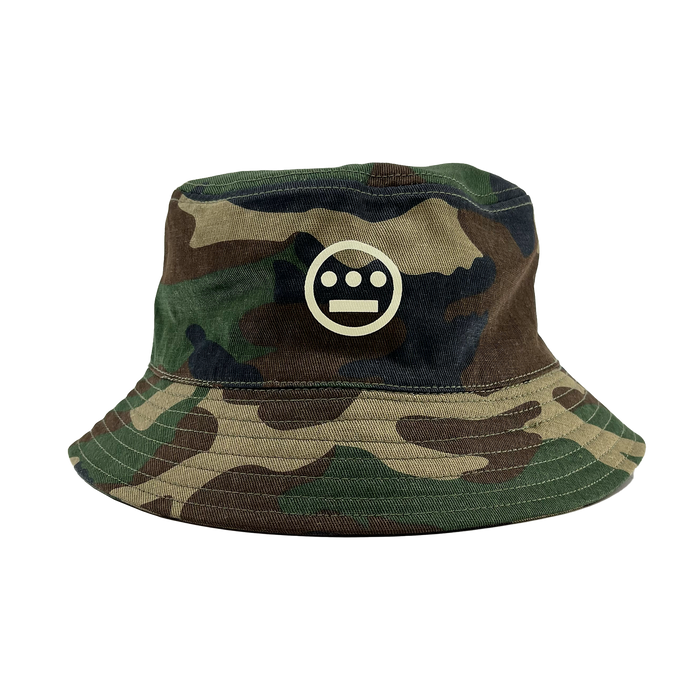 Woodland Camo bucket hat with Hieroglyphics Hip Hop Crew logo on the front crown.