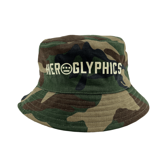 Woodland Camo bucket hat with large Hieroglyphics Hip Hop Crew wordmark with logo on the front crown.