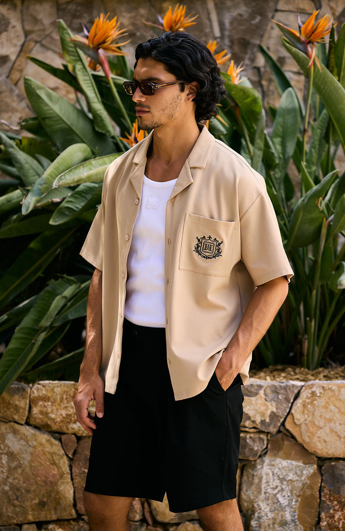 Hills Crest Embroidered Short Sleeve Shirt in Taupe