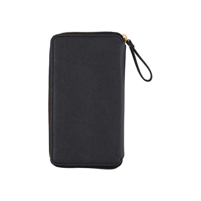 Back of black zippered fabric case for Hobonichi Techo Weeks on white background