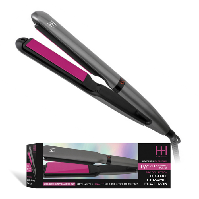 Hot & Hotter 3D Floating Plates Digital Ceramic Flat Iron 1 1/2 Inch, 1 Count, Black & Pink