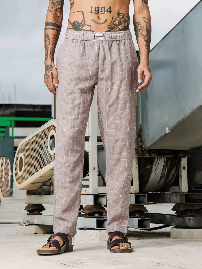 House Of Koala Beige Linen Blend Embroidered Relaxed Fit All Day Pants
