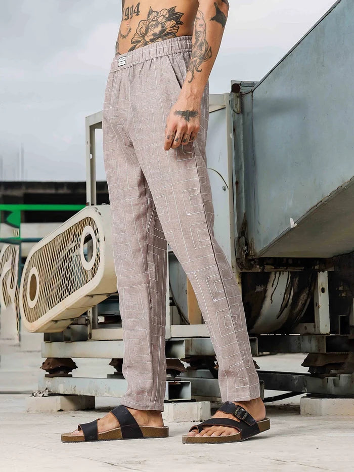 House Of Koala Beige Linen Blend Embroidered Relaxed Fit All Day Pants