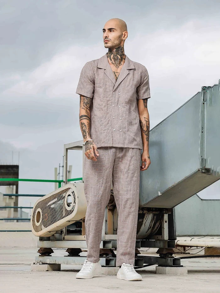House Of Koala Beige Linen Blend Embroidered Relaxed Fit All Day Pants