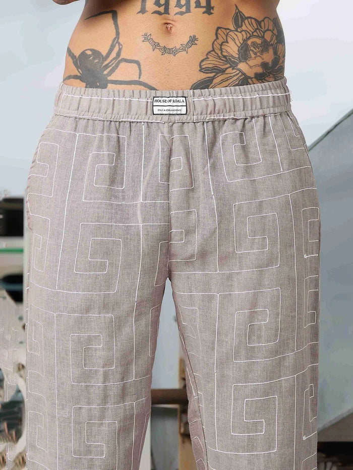 House Of Koala Beige Linen Blend Embroidered Relaxed Fit All Day Pants