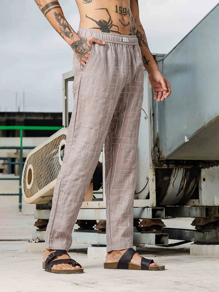 House Of Koala Beige Linen Blend Embroidered Relaxed Fit All Day Pants