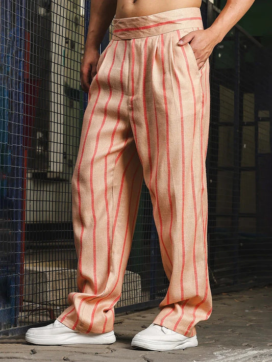 House Of Koala Beige-Orange Striped Linen Blend Double Pleated Gurkha Trousers