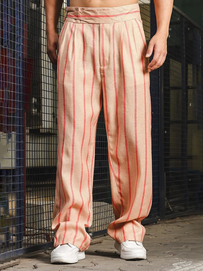 House Of Koala Beige-Orange Striped Linen Blend Double Pleated Gurkha Trousers