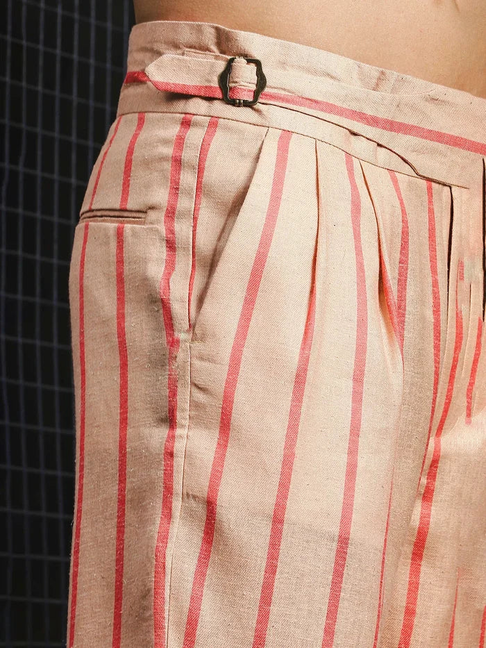 House Of Koala Beige-Orange Striped Linen Blend Double Pleated Gurkha Trousers
