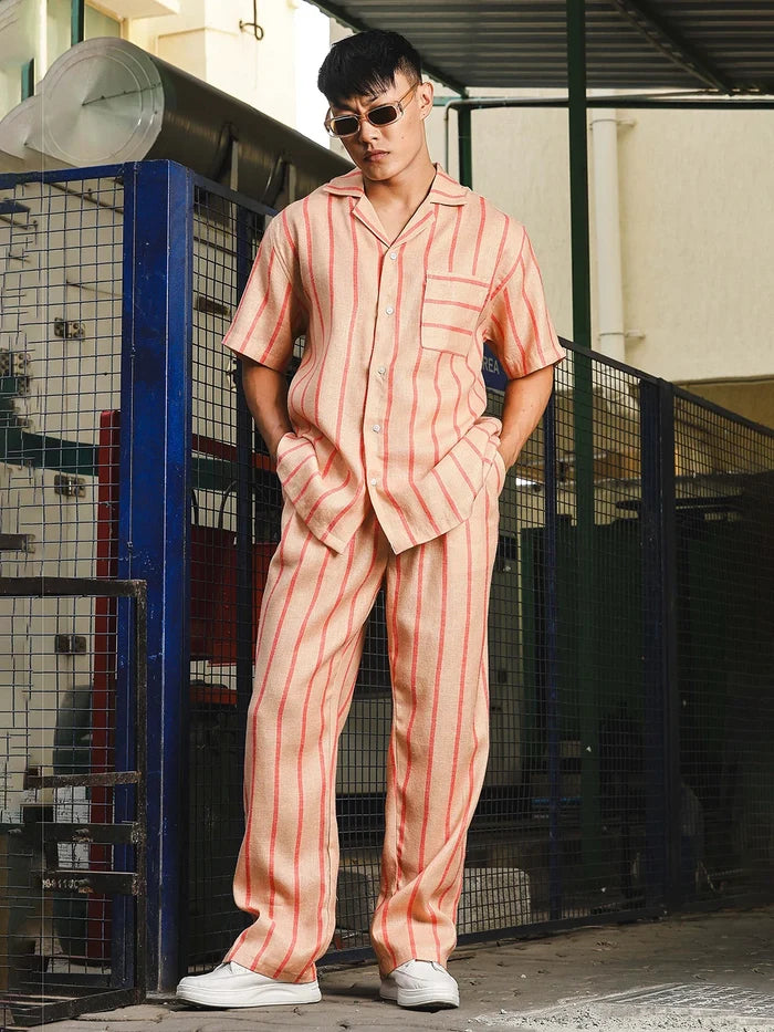 House Of Koala Beige-Orange Striped Linen Blend Double Pleated Gurkha Trousers