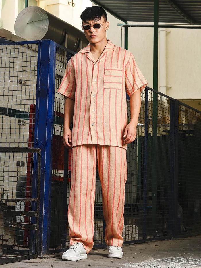House Of Koala Beige-Orange Striped Linen Blend Double Pleated Gurkha Trousers