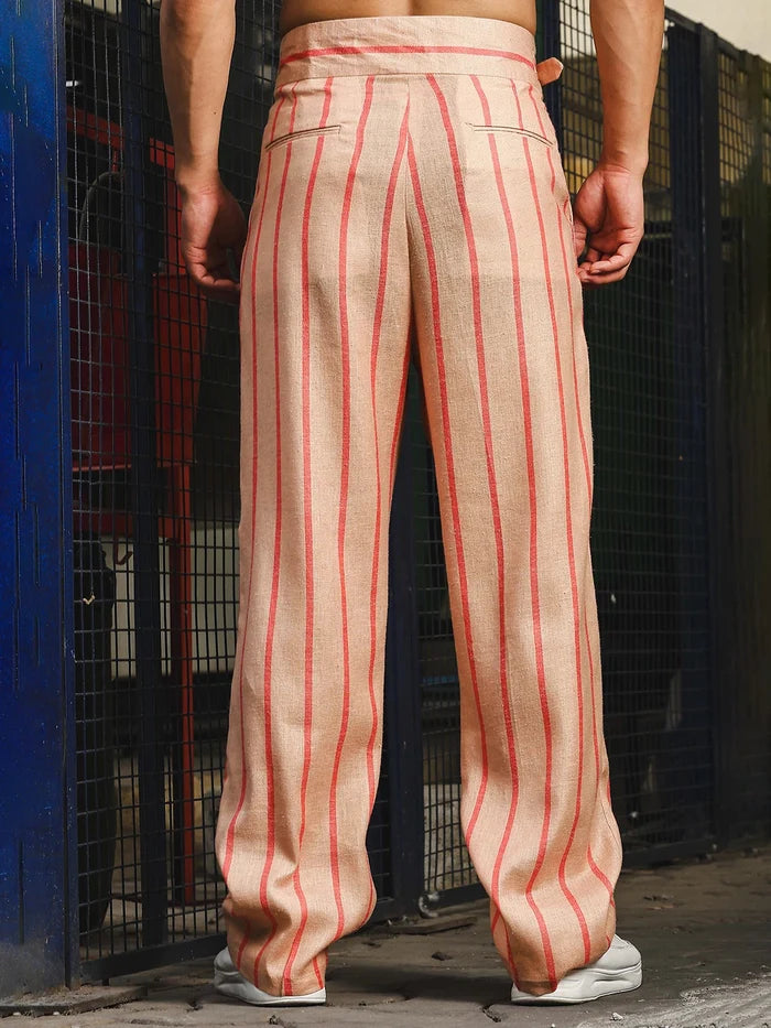 House Of Koala Beige-Orange Striped Linen Blend Double Pleated Gurkha Trousers