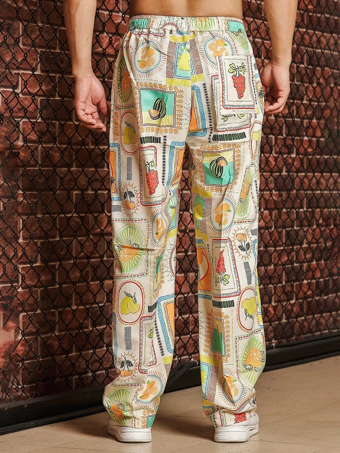 House Of Koala Beige Stamp Printed Mid-Rise All Day Relaxed Fit Pants