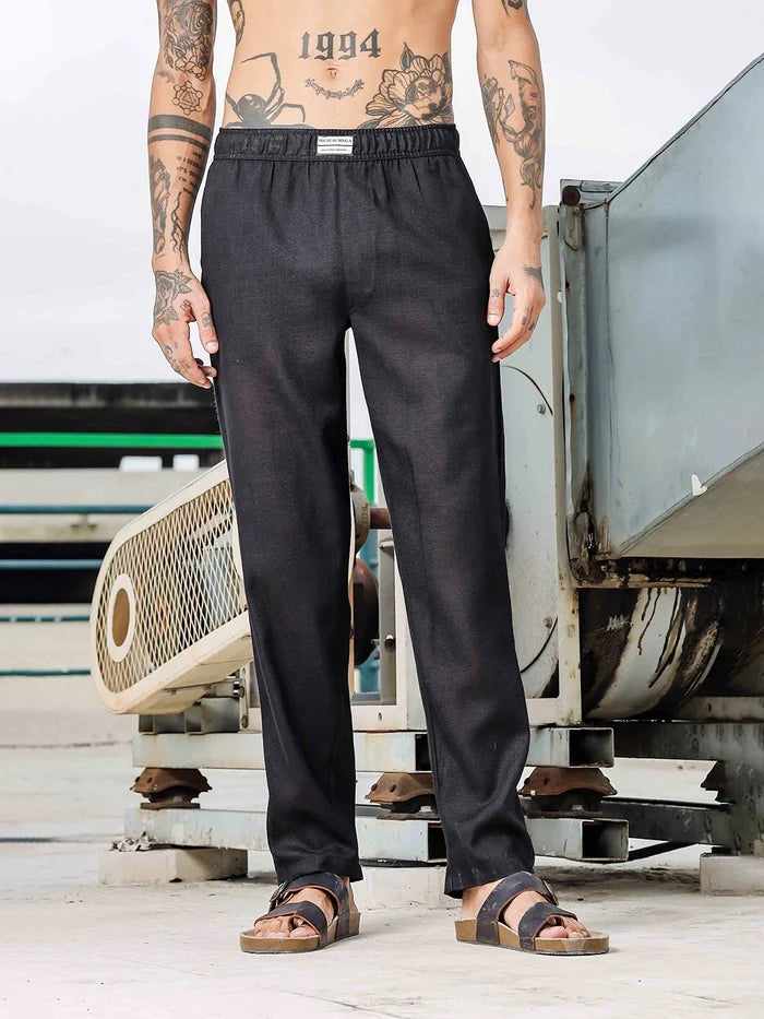 House Of Koala Black Linen Blend Regular Fit All Day Pants