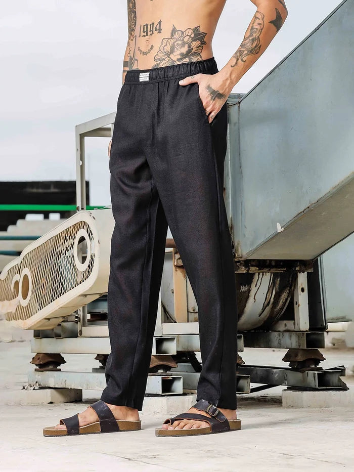 House Of Koala Black Linen Blend Regular Fit All Day Pants