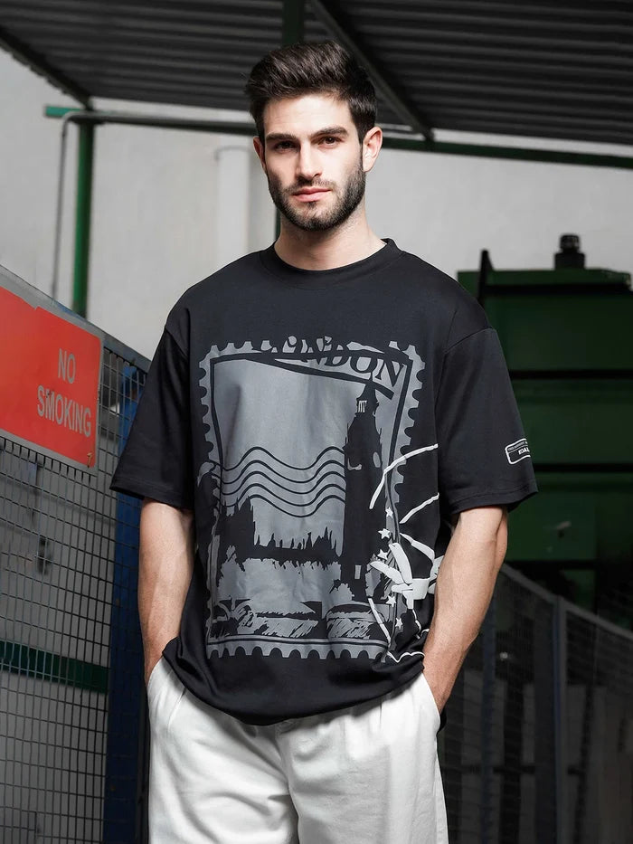 House Of Koala Black Oversized Printed Drop-Shoulder Sleeve Pure Cotton T-Shirt