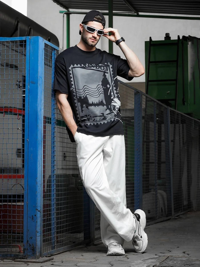 House Of Koala Black Oversized Printed Drop-Shoulder Sleeve Pure Cotton T-Shirt