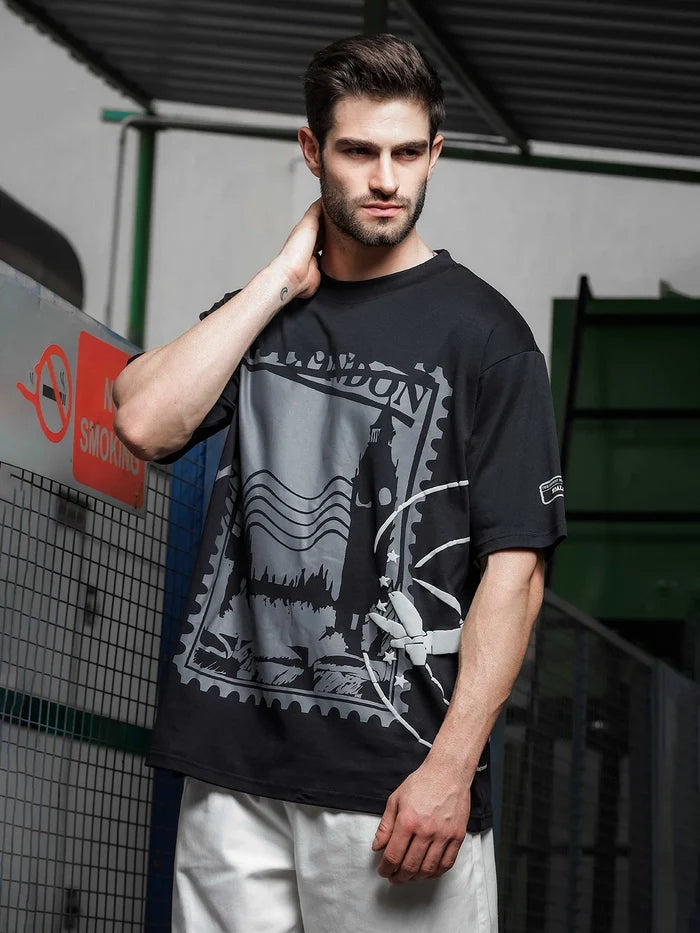 House Of Koala Black Oversized Printed Drop-Shoulder Sleeve Pure Cotton T-Shirt