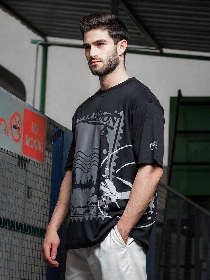 House Of Koala Black Oversized Printed Drop-Shoulder Sleeve Pure Cotton T-Shirt