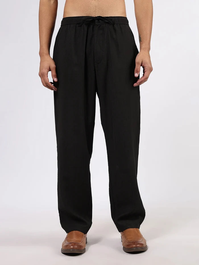 House Of Koala Black Solid Premium Viscose Mid-Rise All Day Relaxed Fit Pants