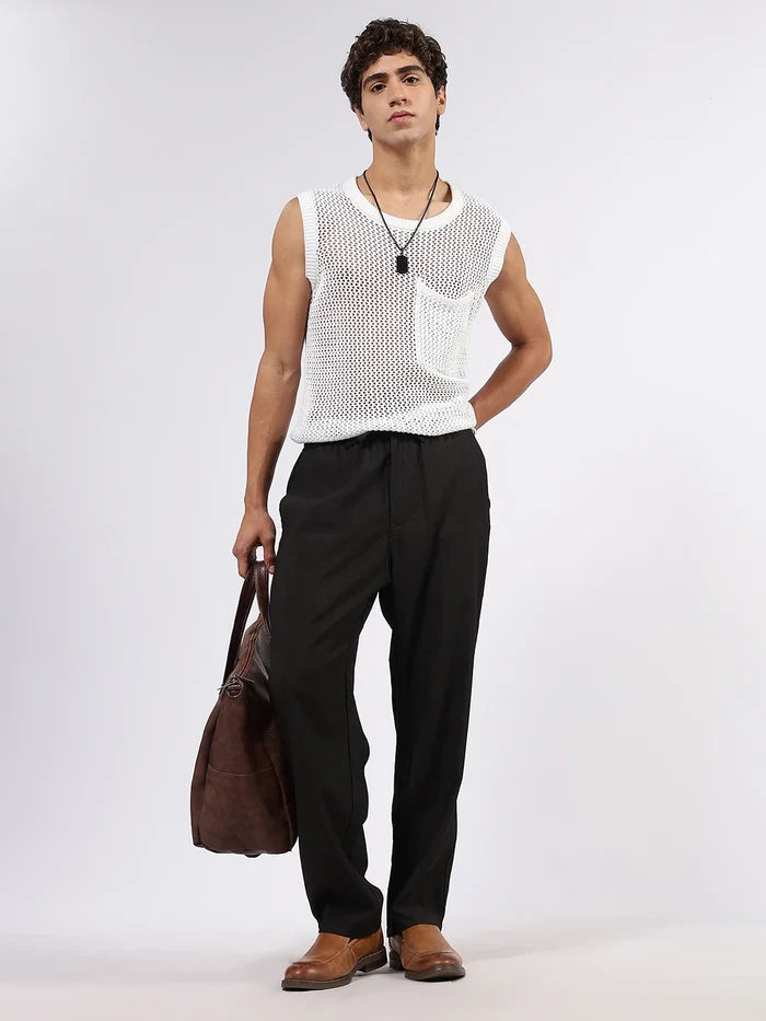 House Of Koala Black Solid Premium Viscose Mid-Rise All Day Relaxed Fit Pants