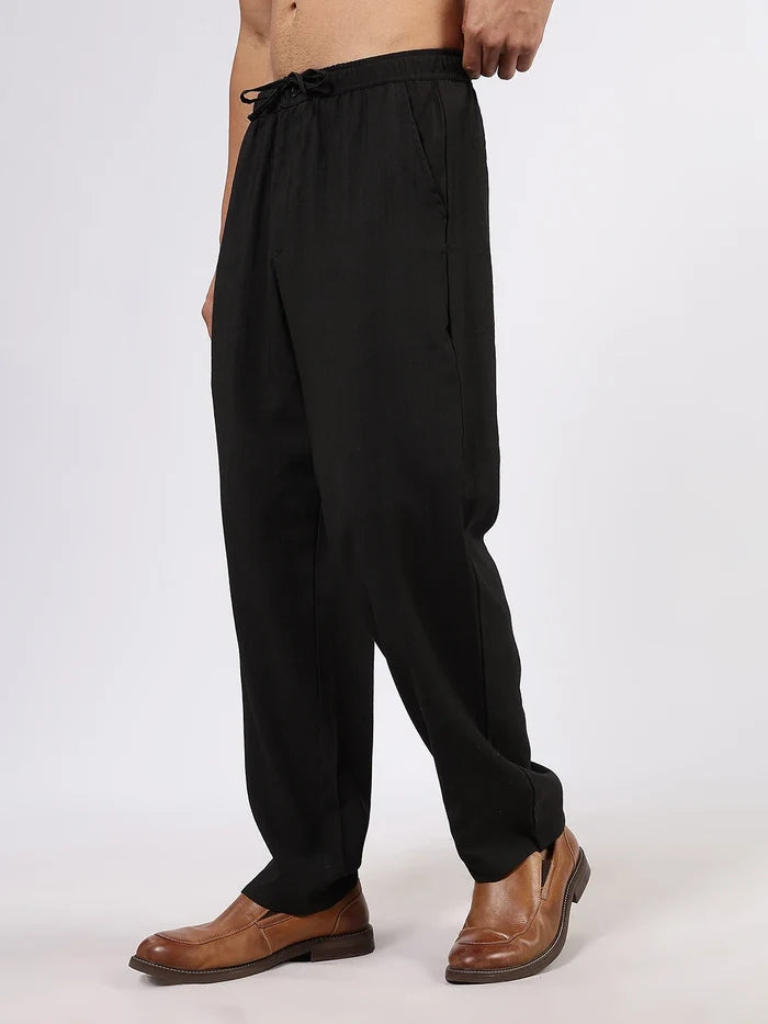 House Of Koala Black Solid Premium Viscose Mid-Rise All Day Relaxed Fit Pants