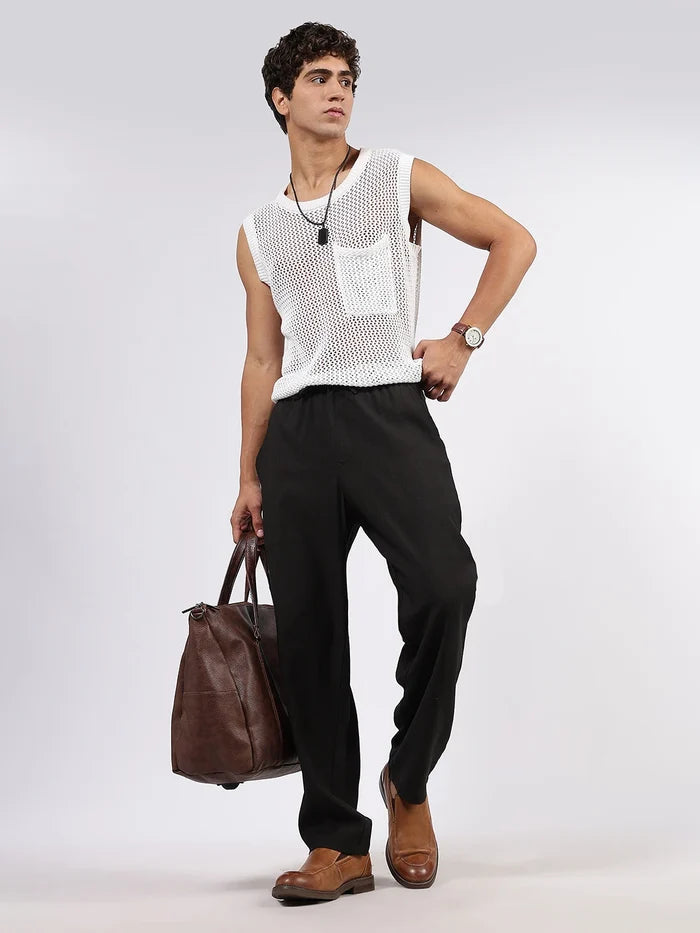 House Of Koala Black Solid Premium Viscose Mid-Rise All Day Relaxed Fit Pants