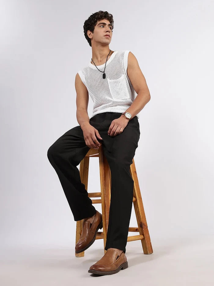 House Of Koala Black Solid Premium Viscose Mid-Rise All Day Relaxed Fit Pants