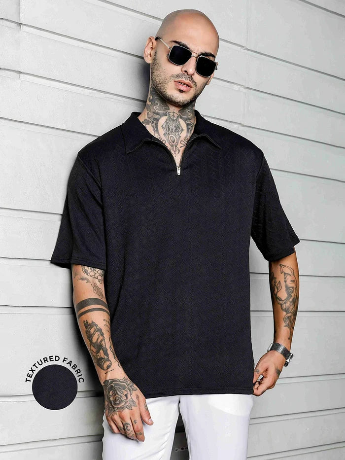 House Of Koala Black Textured Polo Neck Oversized T-Shirt