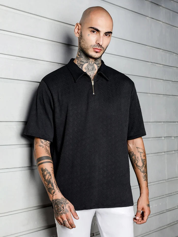 House Of Koala Black Textured Polo Neck Oversized T-Shirt