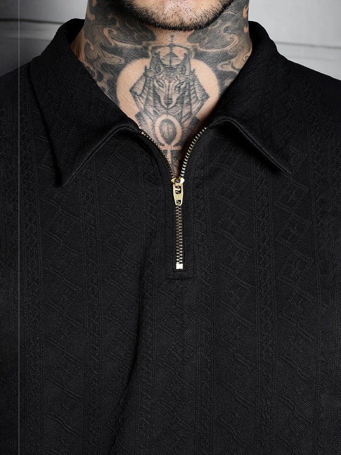 House Of Koala Black Textured Polo Neck Oversized T-Shirt