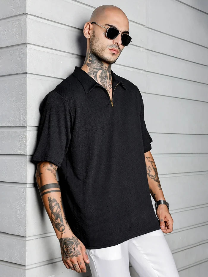 House Of Koala Black Textured Polo Neck Oversized T-Shirt