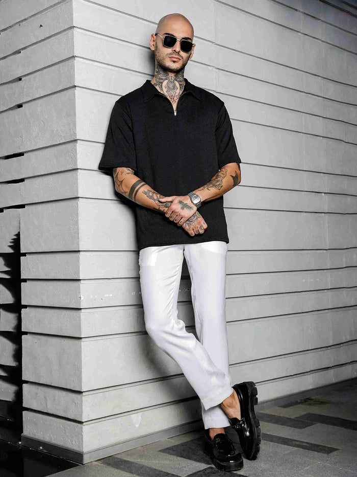 House Of Koala Black Textured Polo Neck Oversized T-Shirt