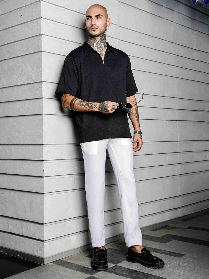 House Of Koala Black Textured Polo Neck Oversized T-Shirt