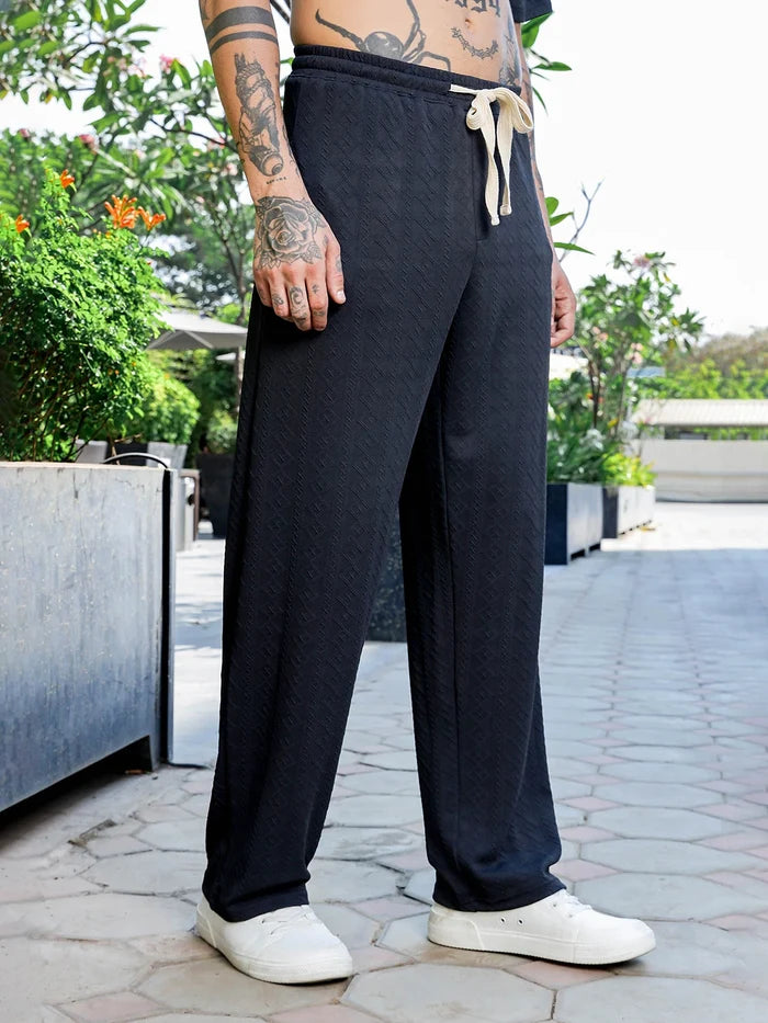 House Of Koala Black Textured Relaxed-Fit Mid-Rise Track Pant