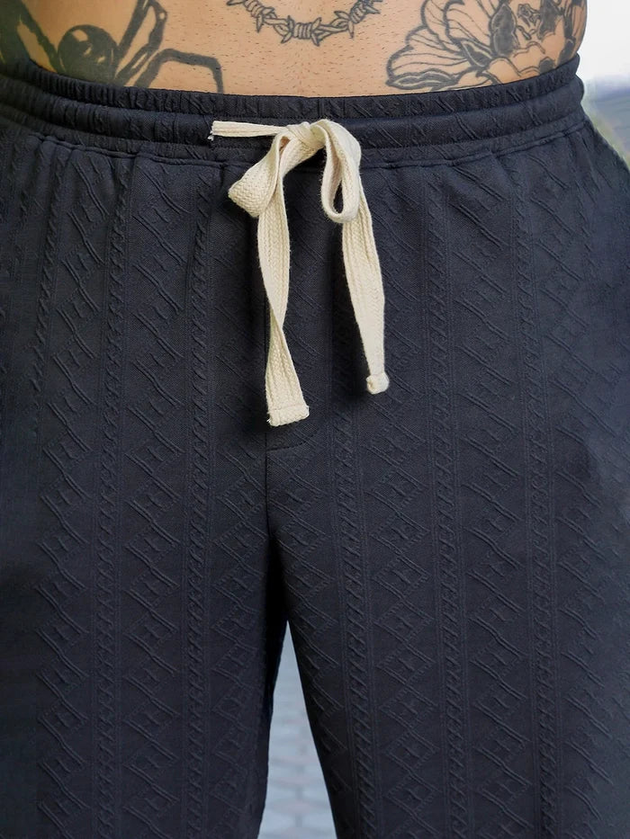 House Of Koala Black Textured Relaxed-Fit Mid-Rise Track Pant