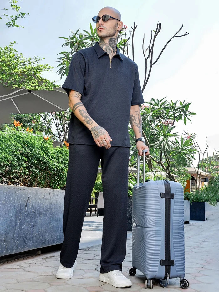 House Of Koala Black Textured Relaxed-Fit Mid-Rise Track Pant