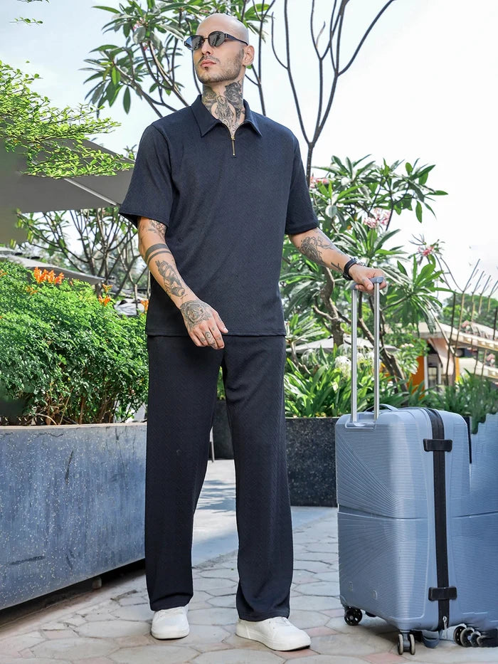 House Of Koala Black Textured Relaxed-Fit Mid-Rise Track Pant