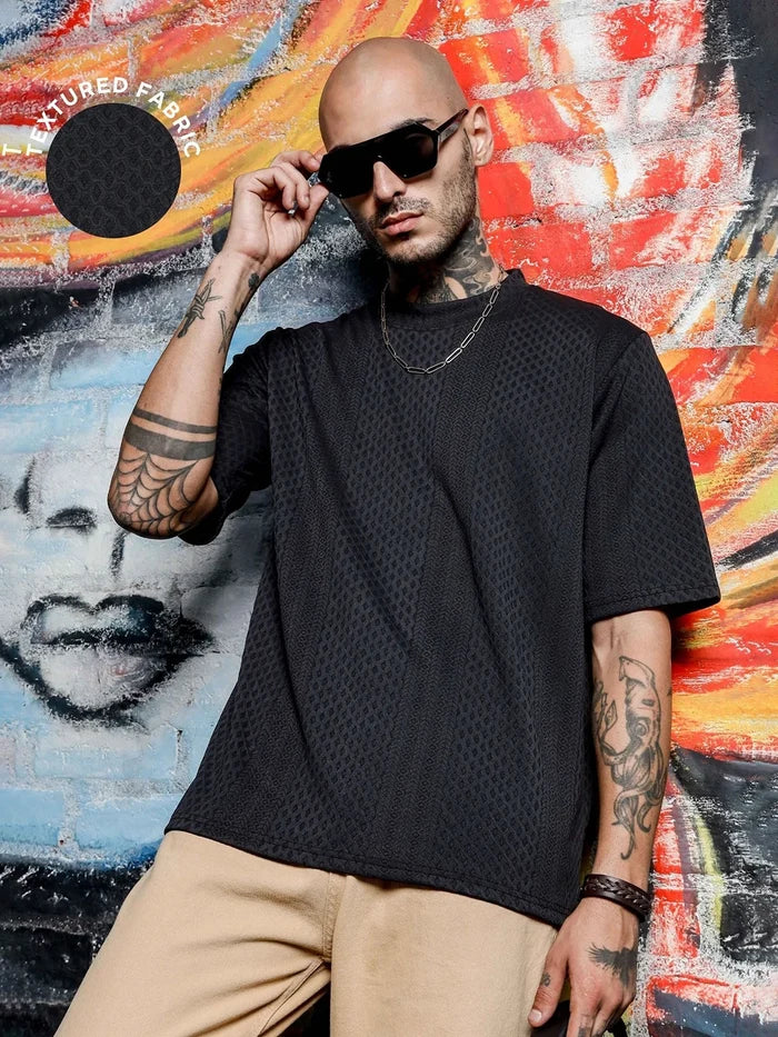 House Of Koala Black Textured Round Neck Oversized T-Shirt