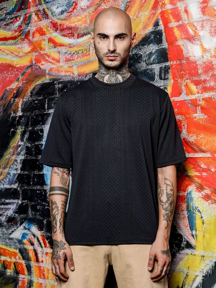 House Of Koala Black Textured Round Neck Oversized T-Shirt