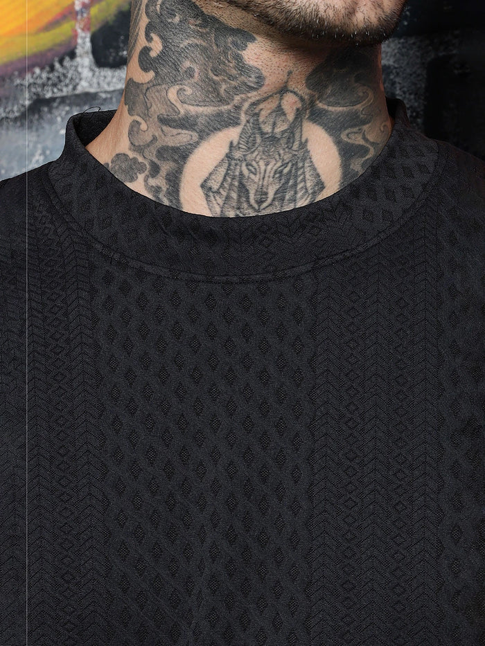House Of Koala Black Textured Round Neck Oversized T-Shirt