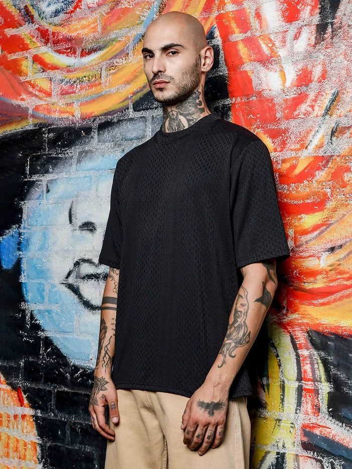 House Of Koala Black Textured Round Neck Oversized T-Shirt