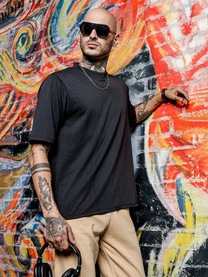 House Of Koala Black Textured Round Neck Oversized T-Shirt
