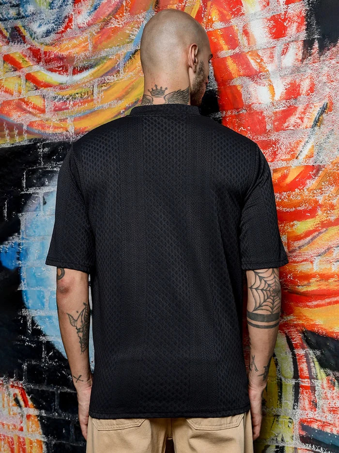 House Of Koala Black Textured Round Neck Oversized T-Shirt