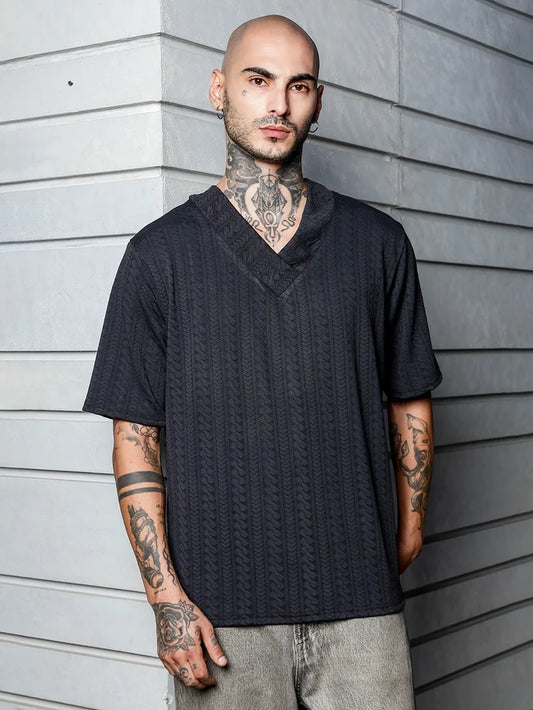 House Of Koala Black Textured V-Neck Oversized T-Shirt