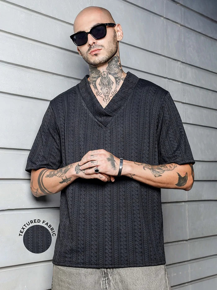 House Of Koala Black Textured V-Neck Oversized T-Shirt