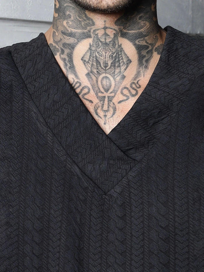 House Of Koala Black Textured V-Neck Oversized T-Shirt