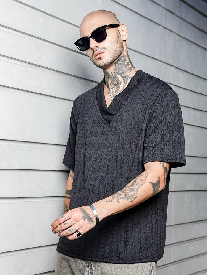 House Of Koala Black Textured V-Neck Oversized T-Shirt