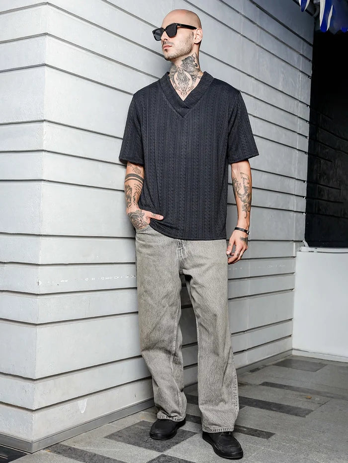 House Of Koala Black Textured V-Neck Oversized T-Shirt