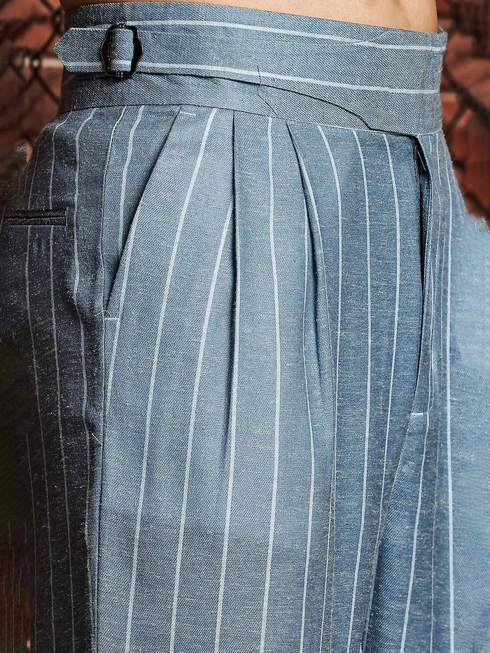 House Of Koala Blue Striped Linen Blend Trousers with Double Pleated Front